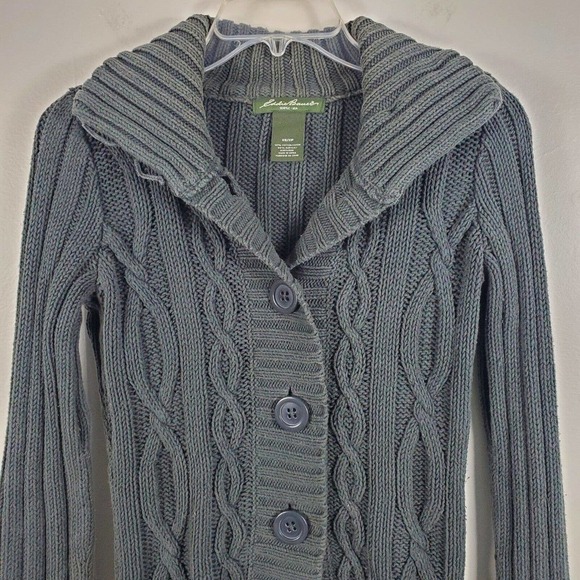 Eddie Bauer Cable Knit Cardigan Fishermans Sweater Long Sleeve Buttons Green XS - Picture 8 of 10